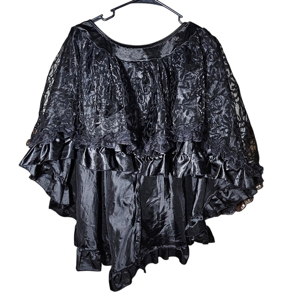 Black Lace Satin High Low Ruffle Skirt Womens 2XL Floral Gothic Overlay